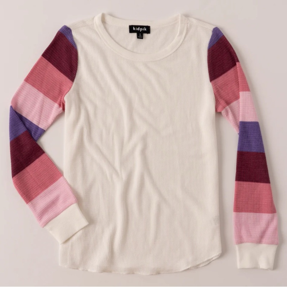 NEW-Kidpik Girls Cream Striped Sleeve Flannel Tee